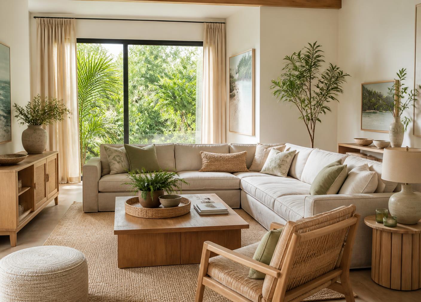 Sala mobiliada com sofá de linho, madeira clara e vista para a vegetação