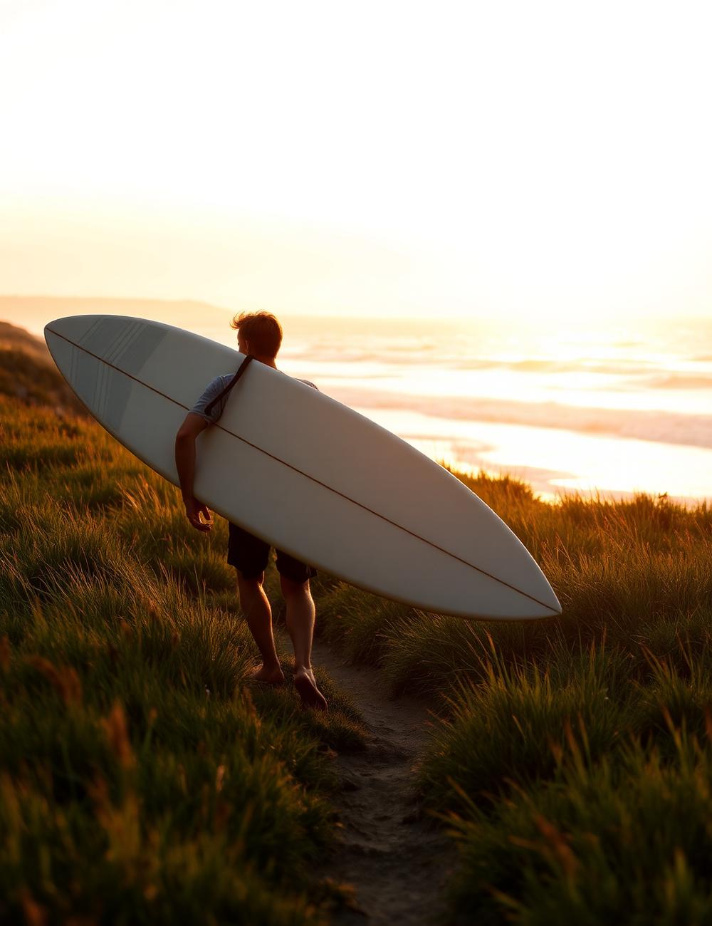 Surfista caminhando por trilha costeira ao pôr do sol